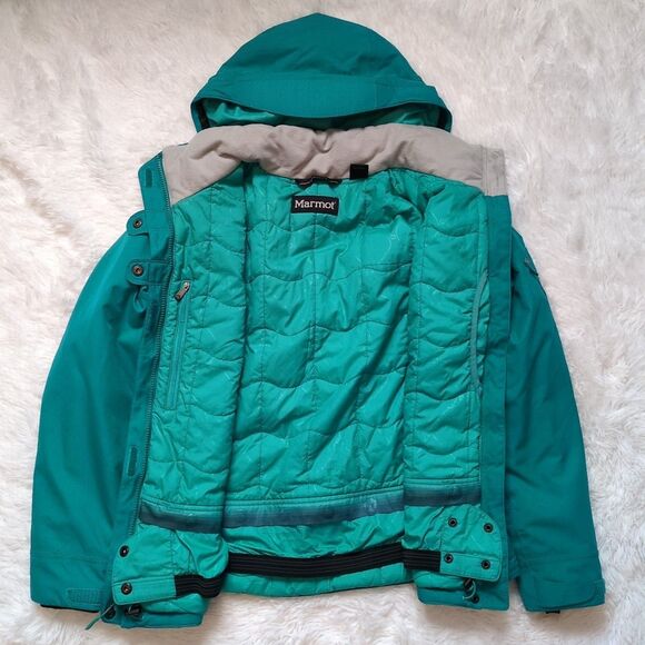 Marmot Portillo Insulated Jacket Blue Green Teal Hooded Snap Coat Women's Small - Picture 9 of 16